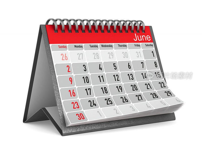 6月的日历。孤立的3 d演示